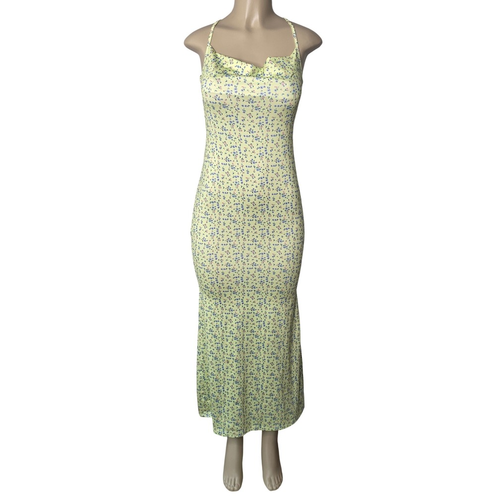 Maxi Dress Womens L Yellow Floral Cowl Neck Open Back Bodycon Summer Coquette